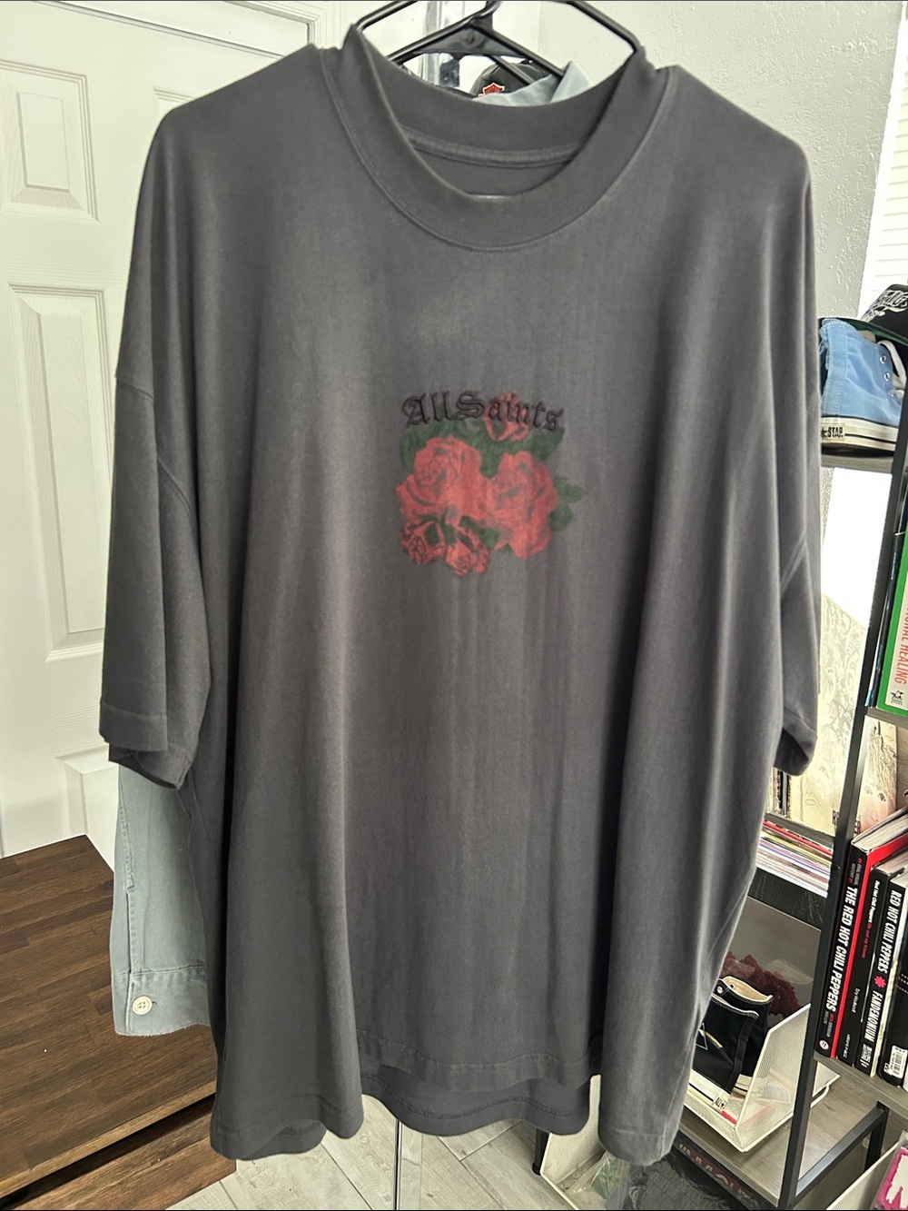 All Saints Charcoal Short-Sleeve Tee with Red Rose Graphic
